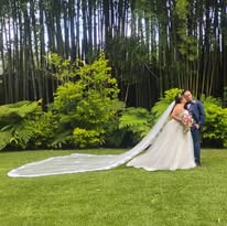 Novios en pasillo rodeado de vegetación y luz